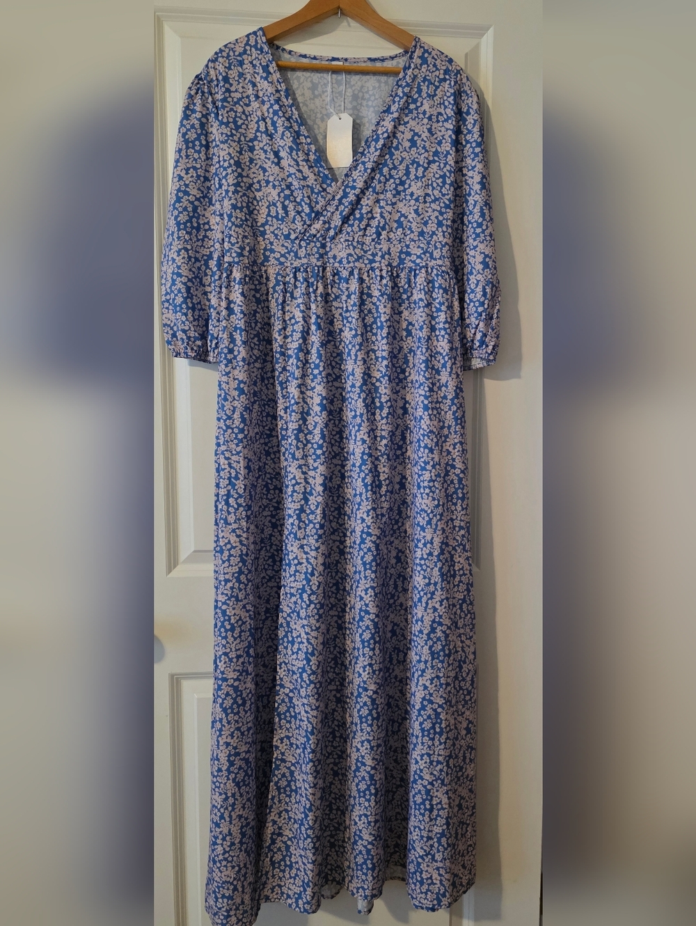 Floral High Slit Plunging Vneck Maxi Dress Womens L Blue Nwt Cottage Core Preppy